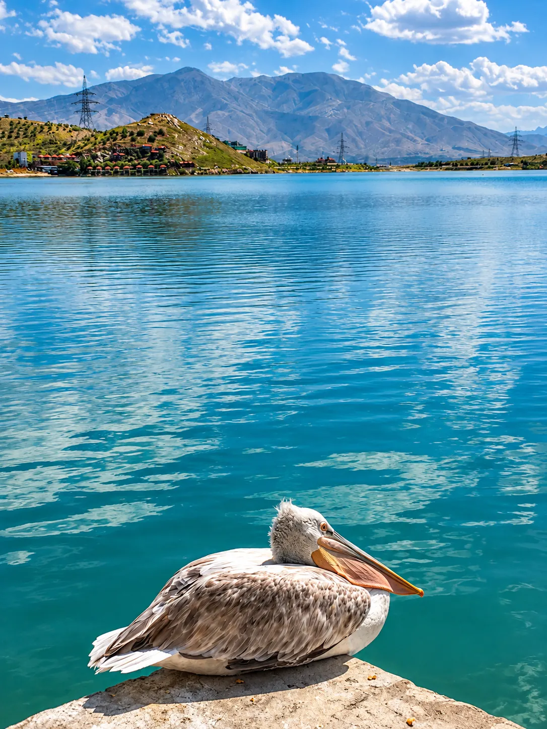 Dalmatian pelican resting on a rock at Qargha Lake, Kabul