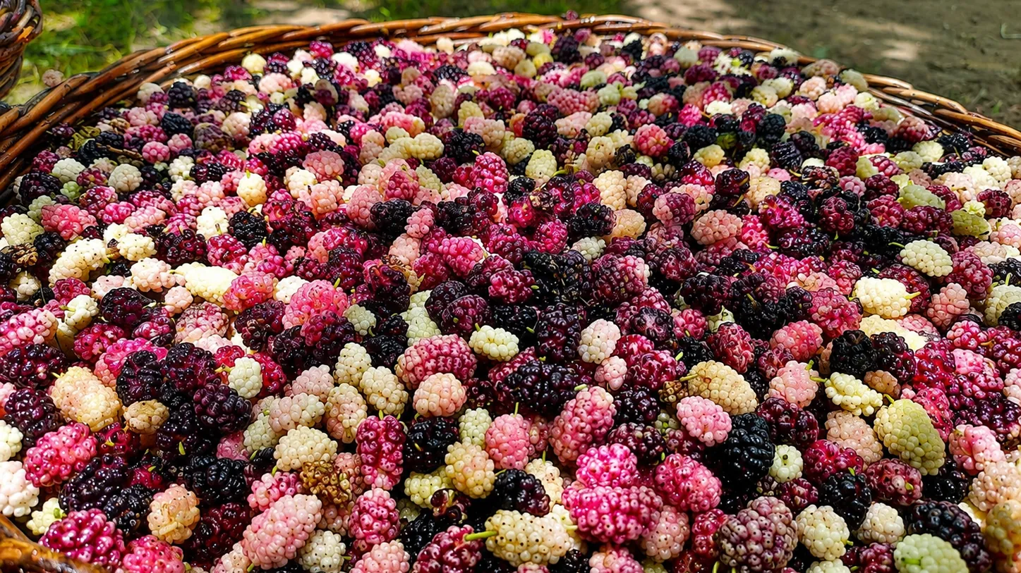 Basket of fresh white, pink and black mulberries